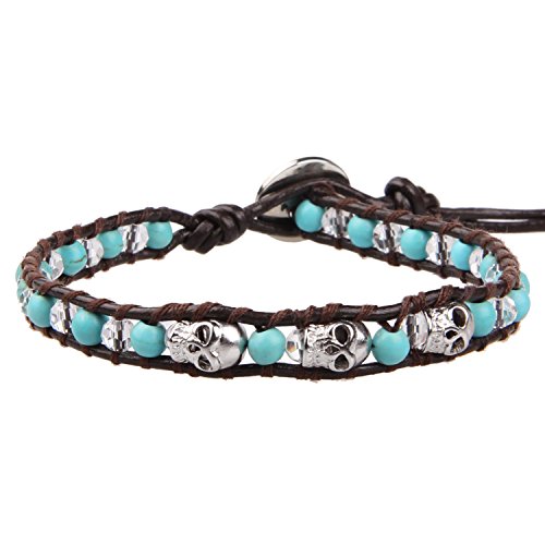 Image of KELITCH 925 Silver Skull Bracelets Wrap Bracelets Women Crystal Beaded Bracelets on Natural Leather