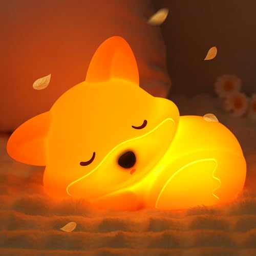 FULLOSUN Cute Fox Night Light, Squishy Silicone Nursery Lamp with Dimmable Timer, Kids Room Rechargeable Bedside Desk Decor Touch Nightlight, Gifts for Baby Girl Boy Friend Birthday Holiday Christmas
