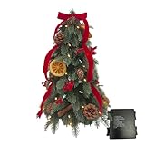 Sunny Bay Atelier, 14 inches Mini Tabletop Christmas Tree with Burgandy Red Ribbon,Real Cinnamon Stick, Pinecone Accents, and Prelit 30 LED String Lights with Battery Operated Box and Timer Function