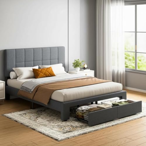 Image of Marsail Queen Bed Frame with 2 Storage Drawers - Upholstered, Adjustable Headboard,6 inch-12 inch Mattress Fit, 1300 lbs Capacity, 12-Leg Sturdy Wood Construction, Easy Assembly, Dark Gray