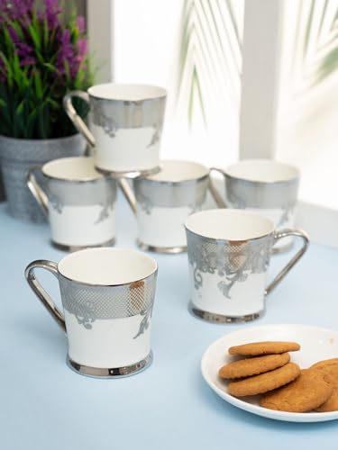 Image of Clay Craft Fine Ceramic Printed Gold Tea /Coffee Mugs Sets of 6-200 ml each (PETER EBONY E613), Tea Cup Set of 6, Mugs for Coffee, Cups Set of 6, Mug Set, Ideal for Gifting, Perfect for Home and Office
