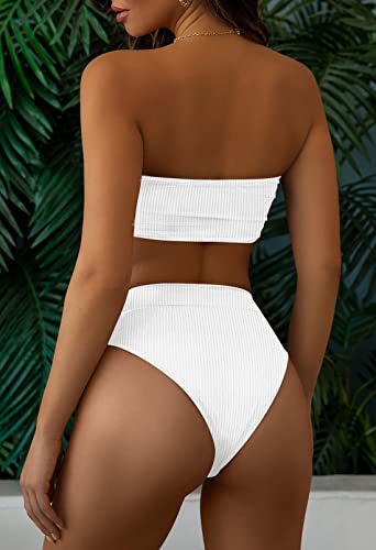 Pink Queen Women's Ribbed High Waisted Bikini Set Removable Strap Bandeau Swimsuit4