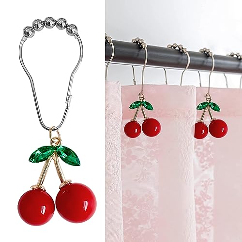 Cherry Bathroom Decor Curtain Hooks Rings for Bathroom Shower Rod (12pcs) - Rust Proof Metal Stainless Steel Curtain Ring Red Cherry Pendant Decoration