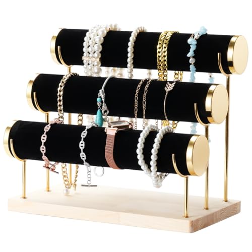 Chewtoyo Joyero de terciopelo negro de 3 niveles con metal dorado, torre de exhibición extraíble con bandeja de madera para relojes, collares, pulseras, lazos para el cabello