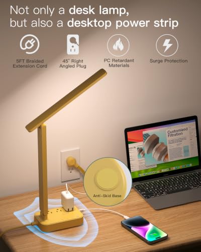 Image of Addtam LED Desk Lamp, Power Strip with 3 Outlets 4 USB Charging Ports(2 USBC), 4 Modes 5 Level Brightness Touch Lamp, Small Desk Lamp for Home Office College Dorm Room Essentials, Yellow