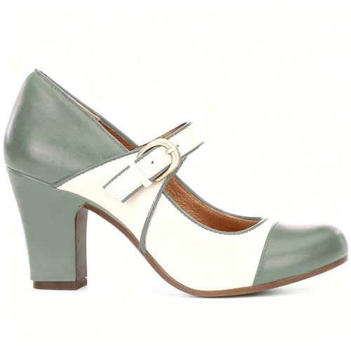 Image of SHODENSE Women Vintage Chunky High Heel Mary Jane Shoes Round Closed Toe Ankle Strap Dress Sandals 3 inch Block Heels Mary Jane Lolita Pumps Two-Toned Patchwork Buckle Office Lady Wedding Retro 4-11 M US