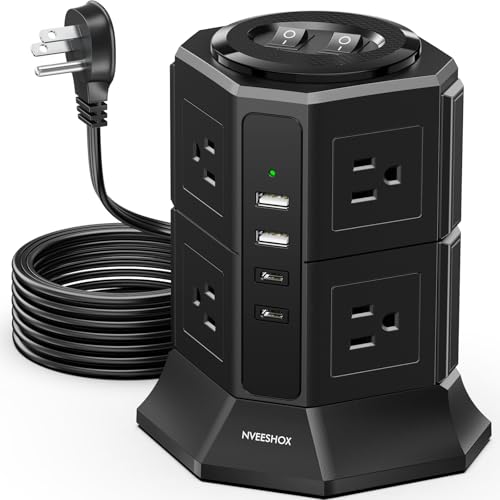 Surge Protector Power Strip Tower with 8 AC Outlets 4 USB Ports(2 Type C), 6.5 FT Ultra Flat...