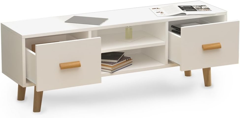 Mahmayi H301 Modern Multifunctional TV Table Stand, Storage Unit with Two Drawers and Storage Shelves - White, H301-TVstd-WHT