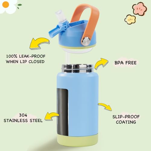 Kerilyn 12oz Kids Water Bottle, Stainless Steel Insulated Water Bottle for Kids, Toddler Cup with Straws Leak-Proof, Kids Water Bottles for School Boys Girls, BPA Free, Sky