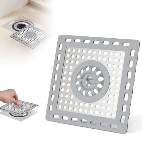 Hibbent Upgraded Shower Drain Hair Catcher for Bathroom Floor 4 Drain Anti-Clogging Shower Drain Cover Stainless Steel & Silicone Drain Strainer with Handle Shower Drain Protector Grey