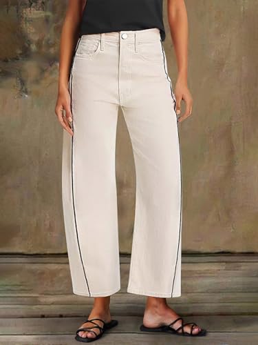 Flamingals High Waist Straight Leg Pants for Women White Office Casual Workwear Barrel Pants4