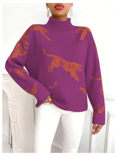 Image of WDIRARA Women's Leopard Tiger Print Sweater High Neck Long Sleeve Fuzzy Knitted Pullover Top