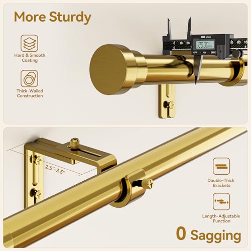Image of YaFex Curtain Rods 32-57 Inch, Heavy Duty 1 Inch Adjustable Gold Curtain Rod for Windows, Brass Metal Long Window Treatment Rods