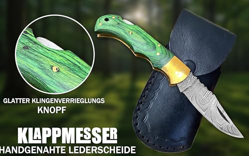 Novahaven Damaststahl Taschenmesser – Klappmesser für EDC, Jagd, Camping & Survival mit Holz-, Knochen- oder Harzgriff – Outdoor Geschenk-Messer (Mehrere Farben) (Grünholz)
