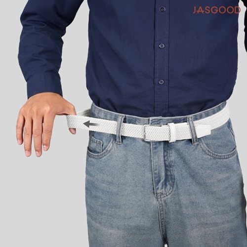 JasGood Pasek materiałowy, elastyczny, pleciony, męski, 3 cm, rozciągliwy pasek dla mężczyzn, biały, S:100cm (Taillengröße 75cm-85cm)