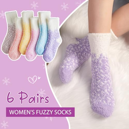 Image of floconssy Fuzzy Socks for Women Gifts, Fluffy Cozy Plush Soft Slipper Socks for Fall Winter Christmas Warm Home 5 /6 Pairs