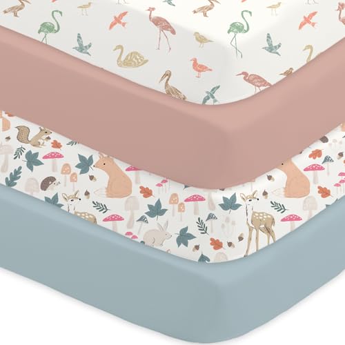 Cot Sheets for Boy Girl, Fitted Cot Sheet 4 Pack for 60x120cm Mattresses, Super Soft Breathable Microfiber Baby Sheet, Wetland Birds/Squirrel/Mauve/Fog Blue