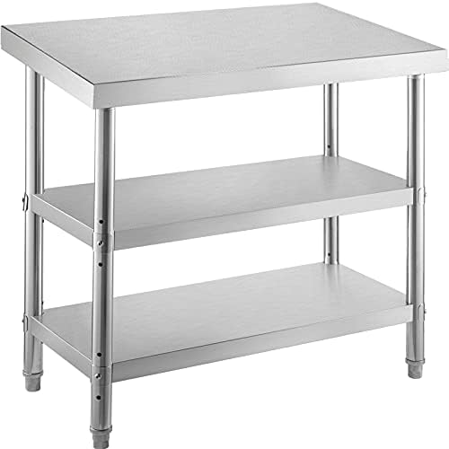 VEVOR Outdoor Food Prep Table, 48x18x33 In Commercial Stainless Steel Table, 2 Adjustable Undershelf BBQ Prep Table, Heavy Duty Kitchen Work Table, for Garage, Home, Warehouse, and Kitchen Silver