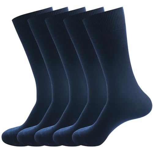 PUJANE Men's Dress Socks 5 Pairs Mens Cotton Calf Business Formal Soft Breathable Long Crew Casual Socks (Navy Size L)