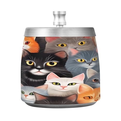 Söta färgglada katter cigarettkopp askfat, rostfritt stål askfat med lock, askkoppar för cigaretter utomhus