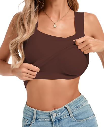 VELISDE Womens U Neck Shapewear Built-in Bra Tank Top High Strechy Slim Fit Tummy Control Compression Camisole Workout Tops(Brown,Medium)