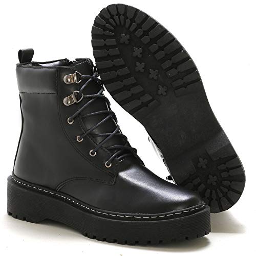 Bota Coturno Feminina Flatform Tratorada Cano Médio Zíper Casual Macia Cor:Preto;Tamanho:35