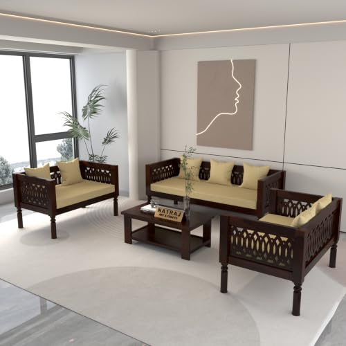 Image of NATRAJ ART & CRAFT Sheesham Wood 7 Seater Sofa Set for Living Room | Wooden CNC Sofa Set for Living Room Furniture (3+2+2 Seater, Walnut Finish)