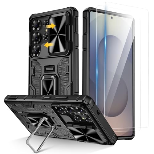 Doeshine Funda para Samsung Galaxy S25 Ultra, Carcasa Cubierta de Cámara Deslizante, 360° Soporte de Anillo Giratorio, Bumper Case Cover Carcasa para Samsung Galaxy S25 Ultra 5G 2025 (Negro)