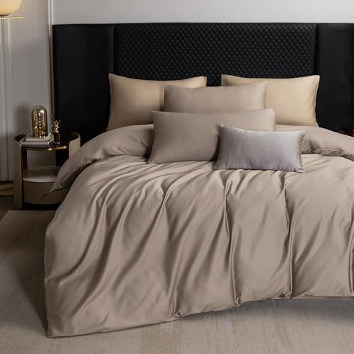 MooMee Bedding Duvet Cover Set Extra Long Staple Cotton 600 TC Egyptian Cotton Texture Silky Sateen Smooth Luxury Soft Comfortable Durable (Tannish Gray, King)