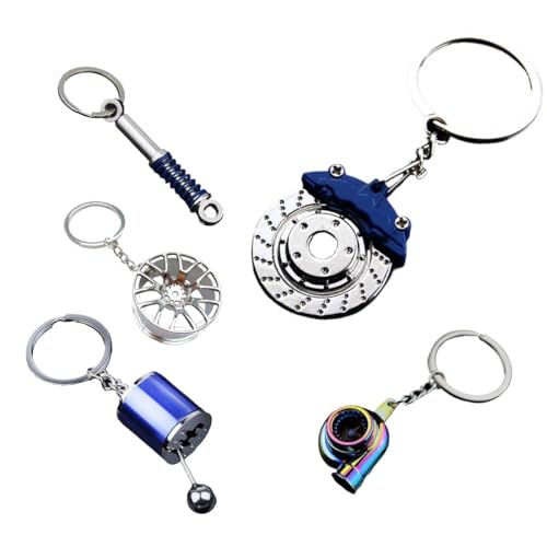 Image of JOYCOURT 5PCS Metal Car Parts Key Chain Set with Brake Rotor, Worm Wheel, Tire Rim, Spring, Manual Gear Shift Box Keychain (Style 2)