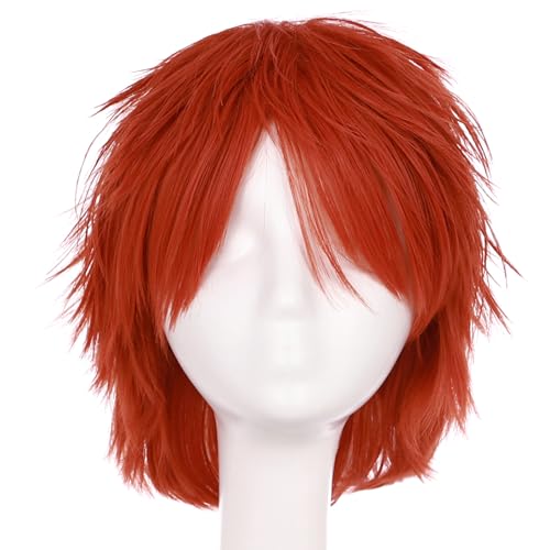 Image of S-noilite Unisex Short Anime Cosplay Hair Wig for Women Mens Short Fluffy Layered Pixie Wig Straight Synthetic Full Wigs for Halloween Comic-con Costume Party (Reddish Orange)