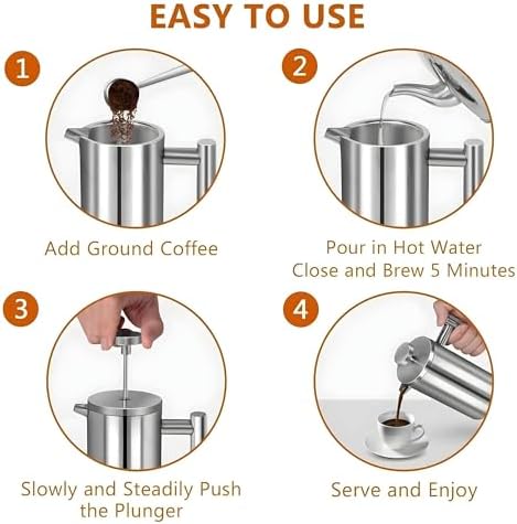 Small French Press Coffee Maker 1 Cup - 12oz/350ml Single Cup Metal French Press(1 Cup), Stainless Steel Double Wall Insulated Coffee & Tea Maker w/ 3 Extra Screens + 1 Spoon (Silver), Dishwasher Safe - 5