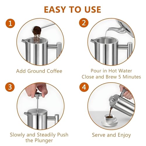 Image of Small French Press Coffee Maker 1 Cup - 12oz /350ml Single Cup Metal French Press(1 Cup), Stainless Steel Double Wall Insulated Coffee & Tea Maker w / 3 Extra Screens + 1 Spoon (Silver), Dishwasher Safe