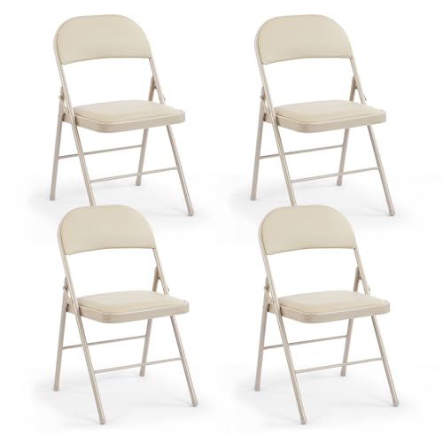 DUMOS 4 Pack Leather Padded Folding Chair, Indoor Outdoor Portable Stackable Commercial Seat with Steel Frame, Capacity for Home, Office, Party, Comfy, Kahki
