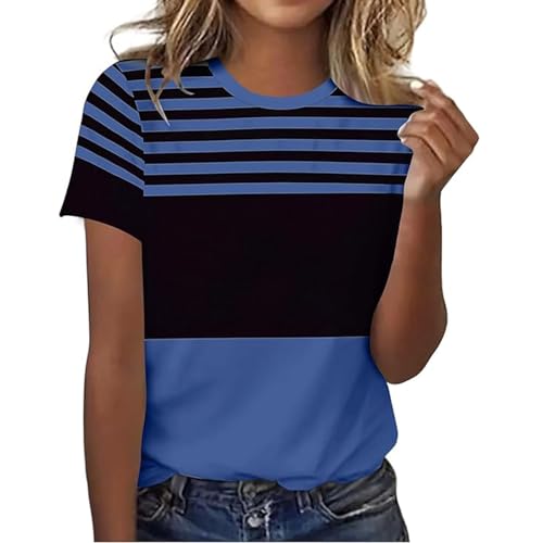 Foweknow Camiseta para mujer, cuello redondo, a rayas, manga corta, traje de verano, elegante, informal, blusa para primavera y verano, transpirable, de secado rápido, camiseta de ocio, marine, 3XL