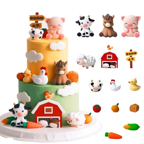 Farm Animal Cake Toppers 15PCS Animal Cake Toppers Include Cute Cow Chicken Horse Pig sheep Farm Birthday Decorations.