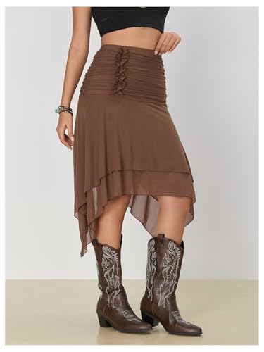 Women's Ruffle Ruched Mesh Asymmetrical Skirt Western Layered Midi Skirts3