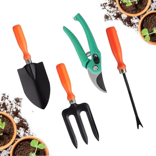Image of Go Hooked 4 Pcs Gardening Tools Kit Fork, Transplanter, Weeder, Pruner Cutter Rust Resistant Heavy Duty with Soft Grip Handles Garden Tools Set for Indoor Outdoor Plants, Balcony, Home Garden Use