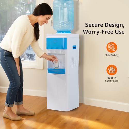 Image of Amazon Basics Hot and Cold Floor Standing Water Dispenser - Top Loading, 20 litres | White & Blue | Compact Design with Hot, Cold and Normal Temperature Settings
