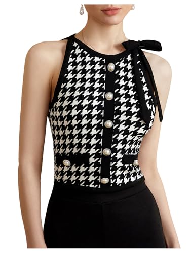 winkbay Womens Houndstooth Print Bow Tank Top Crew Neck Sleeveless Button Front Elegant Crop Tops Multicolor Large