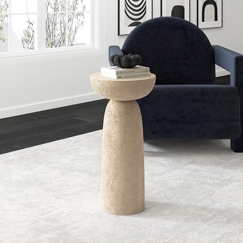 SHYFOY Moderner Beistelltisch mit Sockel, runder Tisch in Sanduhrform mit strukturierter Oberfläche, beige, hoher Sofatisch für Wohnzimmer und Terrasse, 30 x 30 x 62 cm – Bild 6