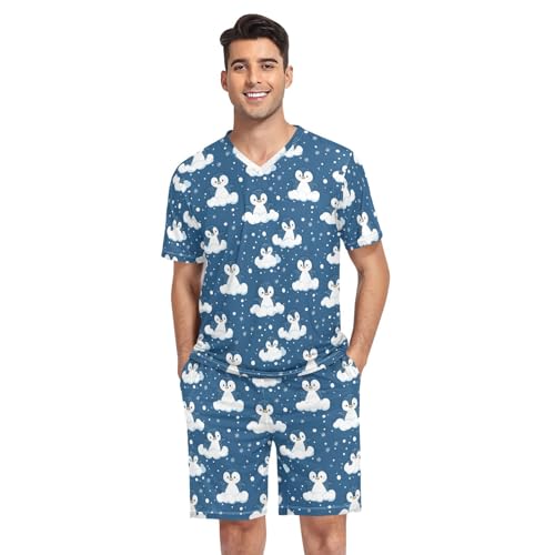 Cute Penguin Men’s Pajama Sets Short Sleeve Lounge Wear with Elastic Waistband and Drawstring