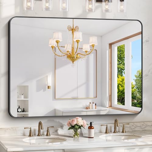Image of KOCUUY Bathroom Mirror, 36 inchx48 inch Black Rectangle Vanity Mirror, Black Metal Frame Mirror with Rounded Corner for Bathroom, Bedroom, Living Room, Entryway