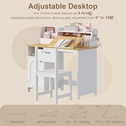 Image of Treocho Kids Study Desk and Chair Set, Kids Desk with Hutch and Tiltable Desktop for 3-8 Years Old, Wooden Children Study Table with Storage Cabinet, Student Writing Desks, Home School, Natural