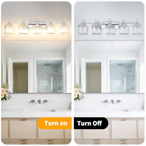 Image of Lxybcce 5 Light Bathroom Vanity Light, Modern Crystal Bathroom Ligth Fixture, Chrome Vanity Lights, Light Fixtures Above Mirror, Wall Lamp for Mirror Living Room Cabinet Bedroom Porch