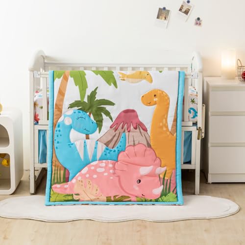Image of Cokouchyi 3 Piece Baby Crib Bedding Set - Standard Size Nursery Bedding for Boys and Girls with Crib Sheet, Comforter & Crib Skirt, Dinosaur
