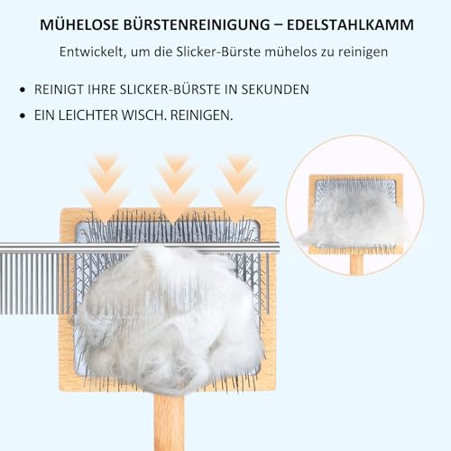 YOPETAYU Slicker Bürste für Hunde & Katzen mit Holzgriff – extra lange Borsten für langes Fell – entfernt Unterwolle & Knoten – mit Fellkamm – für Golden Retriever & Australian Shepherd – Oak