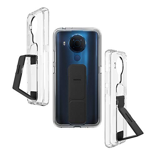 Nokia Cover Compatibile con Nokia 5.4 con Impugnatura e Appoggio Estensibile, Transparente Supporto con Impugnatura per Cellulare, Transparente, Nero