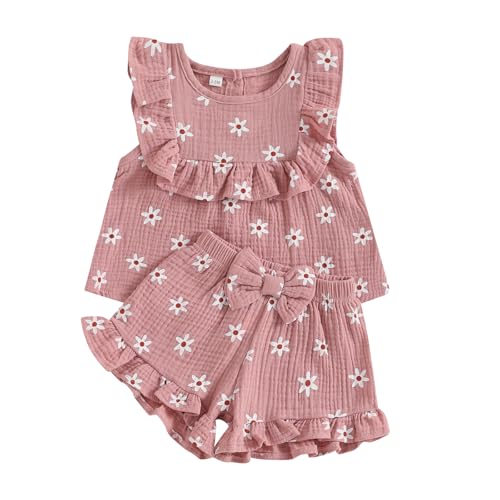 Image of BemeyourBBs Summer Toddler Girl Clothes Baby Girl Ruffle Sleeveless Shirt and Bloomers Shorts Set Cute Outfits