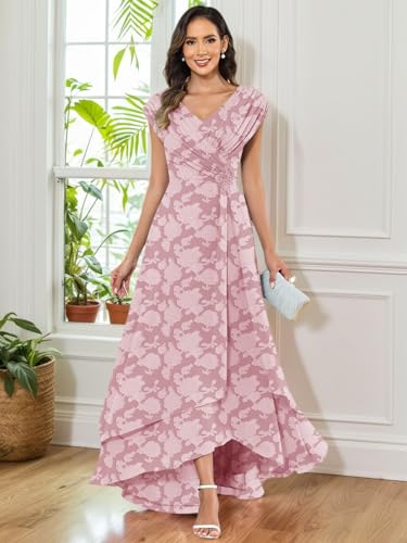 Cap Sleeves Mother of The Bride Dresses for Women V Neck Lace Applique Pleated Floral Print Chiffon Formal Wedding Guest Gown3